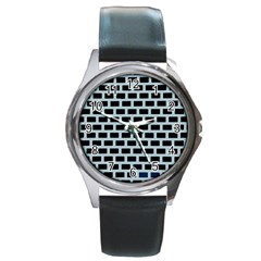 Bricks Black Blue Line Round Metal Watch by Mariart