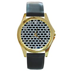 Bricks Black Blue Line Round Gold Metal Watch by Mariart