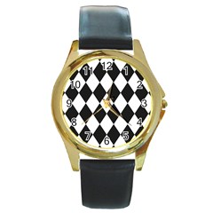 Broken Chevron Wave Black White Round Gold Metal Watch by Mariart