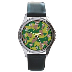 Camouflage Green Yellow Brown Round Metal Watch by Mariart