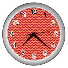 Chevron Wave Red Orange Wall Clocks (silver)  by Mariart