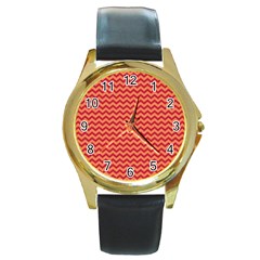 Chevron Wave Red Orange Round Gold Metal Watch by Mariart