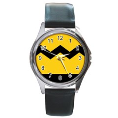 Chevron Wave Yellow Black Line Round Metal Watch by Mariart