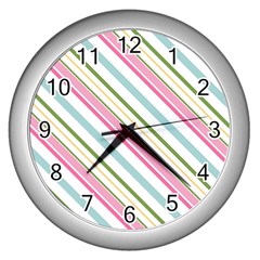 Diagonal Stripes Color Rainbow Pink Green Red Blue Wall Clocks (silver)  by Mariart