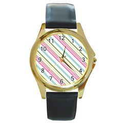 Diagonal Stripes Color Rainbow Pink Green Red Blue Round Gold Metal Watch by Mariart