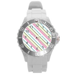 Diagonal Stripes Color Rainbow Pink Green Red Blue Round Plastic Sport Watch (l) by Mariart