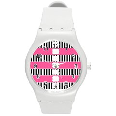 Custom Water Bottle Labels Line Black Pink Round Plastic Sport Watch (m) by Mariart