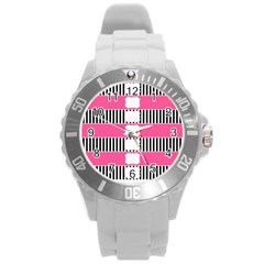 Custom Water Bottle Labels Line Black Pink Round Plastic Sport Watch (l) by Mariart