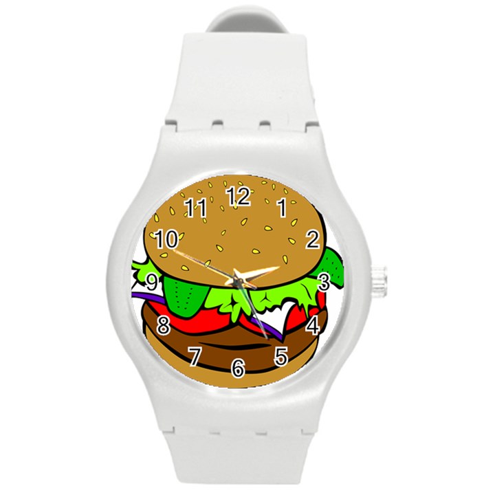 Fast Food Lunch Dinner Hamburger Cheese Vegetables Bread Round Plastic Sport Watch (M)