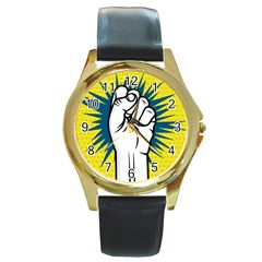 Hand Polka Dot Yellow Blue White Orange Sign Round Gold Metal Watch