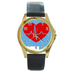 Heartbeat Health Heart Sign Red Blue Round Gold Metal Watch by Mariart