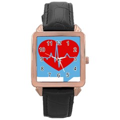 Heartbeat Health Heart Sign Red Blue Rose Gold Leather Watch  by Mariart