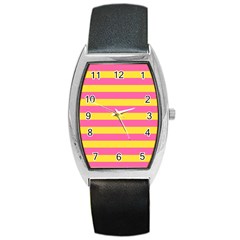 Horizontal Pink Yellow Line Barrel Style Metal Watch by Mariart