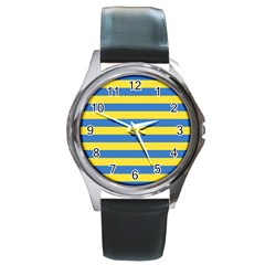 Horizontal Blue Yellow Line Round Metal Watch by Mariart