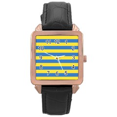 Horizontal Blue Yellow Line Rose Gold Leather Watch  by Mariart