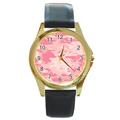 Initial Camouflage Camo Pink Round Gold Metal Watch