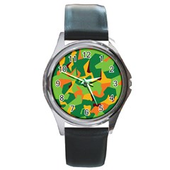 Initial Camouflage Green Orange Yellow Round Metal Watch by Mariart