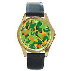 Initial Camouflage Green Orange Yellow Round Gold Metal Watch by Mariart