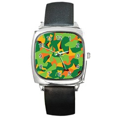 Initial Camouflage Green Orange Yellow Square Metal Watch by Mariart