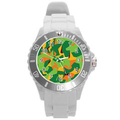 Initial Camouflage Green Orange Yellow Round Plastic Sport Watch (l) by Mariart