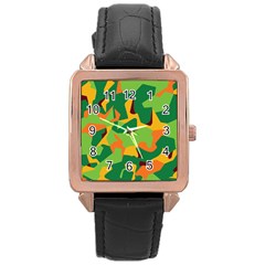 Initial Camouflage Green Orange Yellow Rose Gold Leather Watch  by Mariart