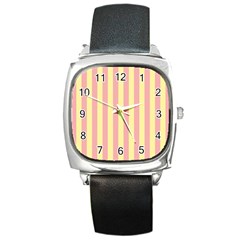 Pink Yellow Stripes Line Square Metal Watch by Mariart