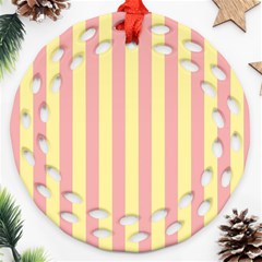 Pink Yellow Stripes Line Round Filigree Ornament (two Sides) by Mariart