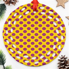 Polka Dot Purple Yellow Ornament (round Filigree) by Mariart