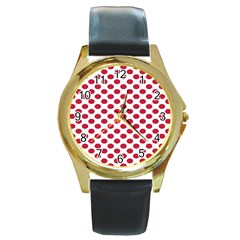 Polka Dot Red White Round Gold Metal Watch by Mariart