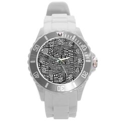 Plaid Black White Round Plastic Sport Watch (l) by Mariart