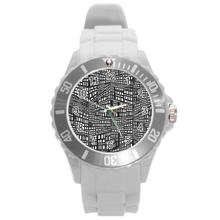 Plaid Black White Round Plastic Sport Watch (L)