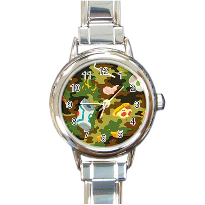 Urban Camo Green Brown Grey Pizza Strom Round Italian Charm Watch