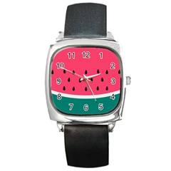 Watermelon Red Green White Black Fruit Square Metal Watch by Mariart