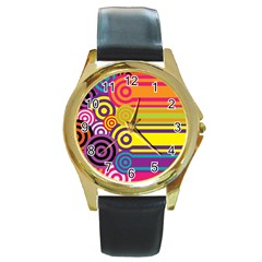 Retro Circles And Stripes Colorful 60s And 70s Style Circles And Stripes Background Round Gold Metal Watch by Simbadda