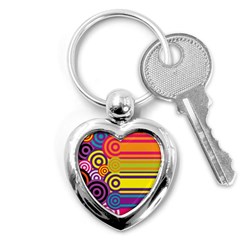 Retro Circles And Stripes Colorful 60s And 70s Style Circles And Stripes Background Key Chains (heart)  by Simbadda