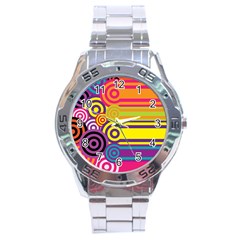 Retro Circles And Stripes Colorful 60s And 70s Style Circles And Stripes Background Stainless Steel Analogue Watch by Simbadda