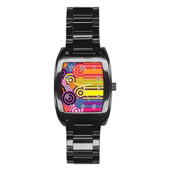 Retro Circles And Stripes Colorful 60s And 70s Style Circles And Stripes Background Stainless Steel Barrel Watch by Simbadda