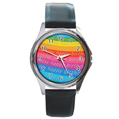 Colorful Happy Birthday Wallpaper Round Metal Watch by Simbadda