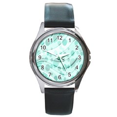 Abstract Background Teal Bubbles Abstract Background Of Waves Curves And Bubbles In Teal Green Round Metal Watch by Simbadda