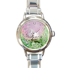 Wonderful Unicorn With Foal On A Mushroom Round Italian Charm Watch by FantasyWorld7