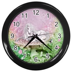 Wonderful Unicorn With Foal On A Mushroom Wall Clocks (black) by FantasyWorld7