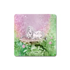 Wonderful Unicorn With Foal On A Mushroom Square Magnet by FantasyWorld7