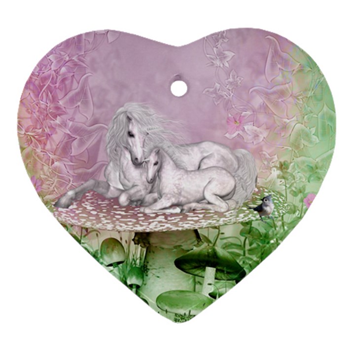 Wonderful Unicorn With Foal On A Mushroom Heart Ornament (Two Sides)