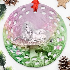 Wonderful Unicorn With Foal On A Mushroom Ornament (round Filigree) by FantasyWorld7