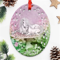 Wonderful Unicorn With Foal On A Mushroom Oval Filigree Ornament (two Sides) by FantasyWorld7