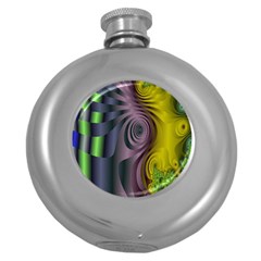 Fractal In Purple Gold And Green Round Hip Flask (5 Oz) by Simbadda