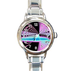 Blue And Pink Swirls And Circles Fractal Round Italian Charm Watch by Simbadda