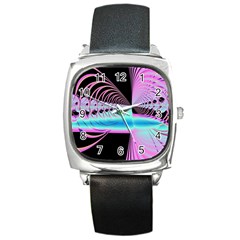 Blue And Pink Swirls And Circles Fractal Square Metal Watch by Simbadda