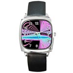 Blue And Pink Swirls And Circles Fractal Square Metal Watch Front