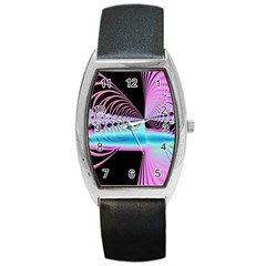 Blue And Pink Swirls And Circles Fractal Barrel Style Metal Watch by Simbadda